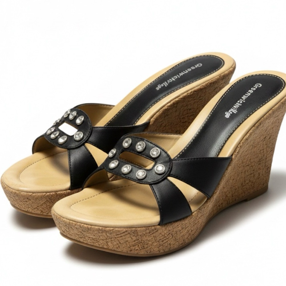 🆕 Greenwich Village - Black Embellished Wedge Sandals